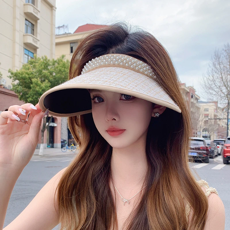 珍珠发箍帽大帽檐遮阳帽子小香风防晒帽宽檐太阳帽春夏户外空顶帽