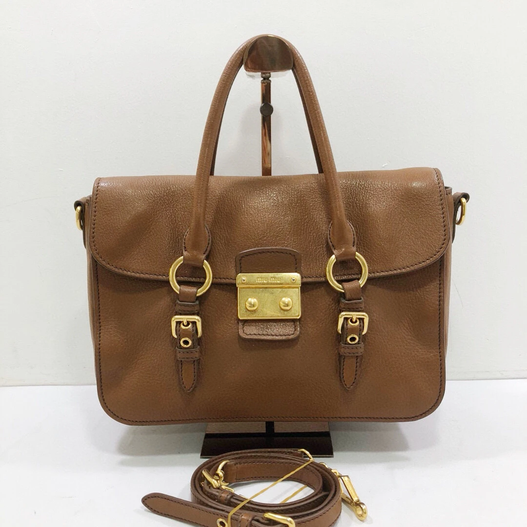 95新 MIU MIU/缪缪 缪缪全皮棕金色手提单肩斜挎邮差包