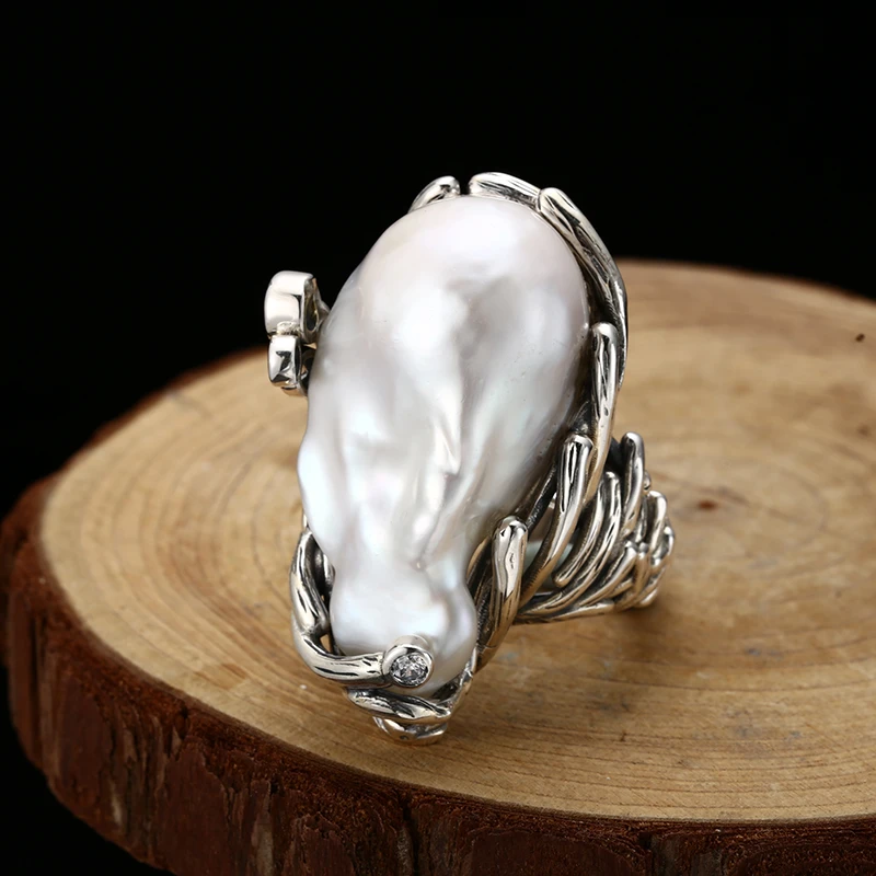 925银戒指 小众气质巴洛克珍珍戒指 时尚个性创意戒指