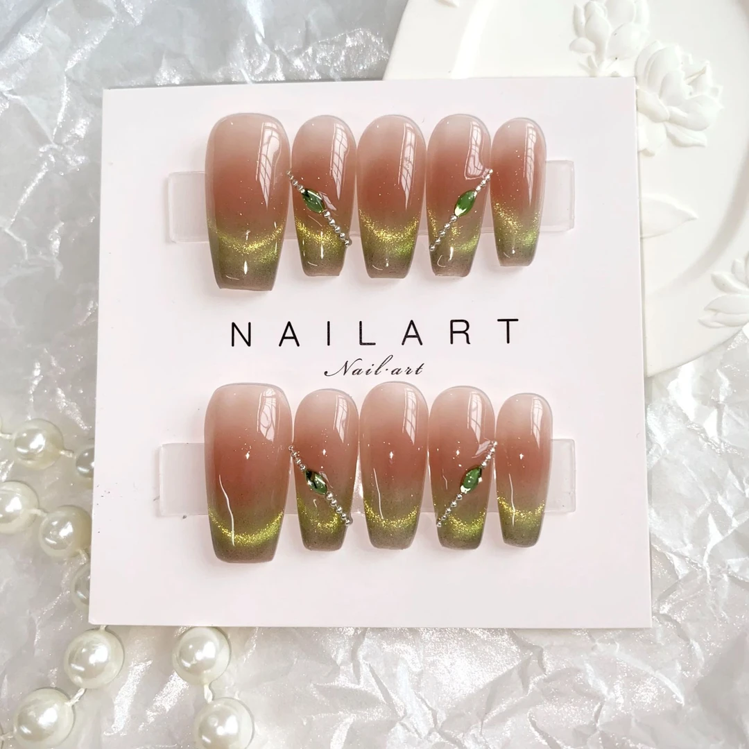 【绿精灵】手工穿戴甲绿精灵绿色猫眼法式显白可拆卸美甲批渐变