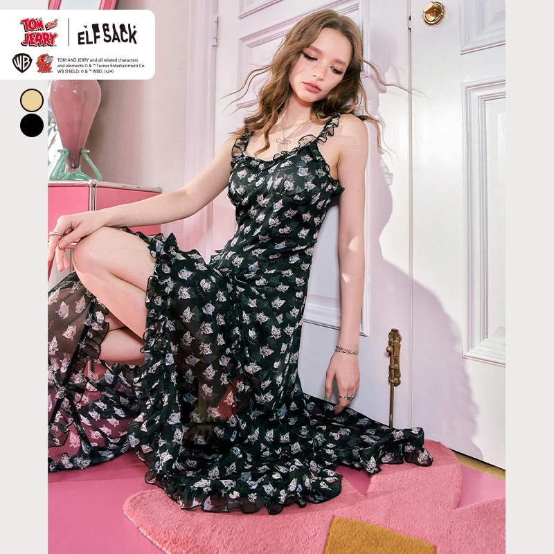 0007【毛毛专属】热带岛屿荷叶边雪纺吊带连衣裙2024