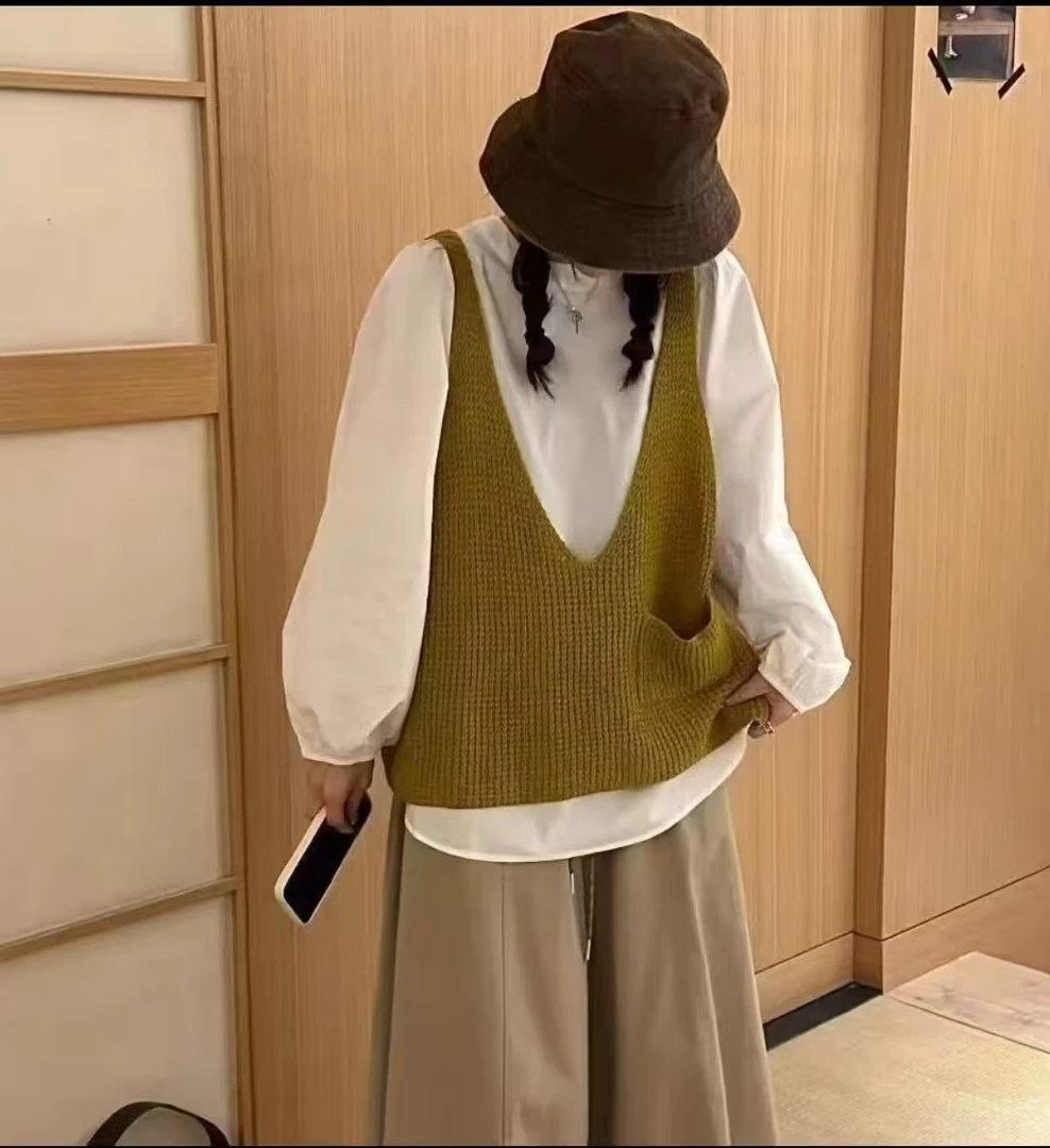 高端欧货慵懒风针织背心衬衫2025秋季新款显瘦叠穿休闲上衣两件套