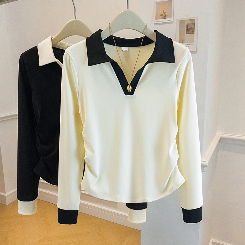 新款微胖mm大码女装v领收腰t恤遮肉显瘦长袖内搭打底衫高端上衣女
