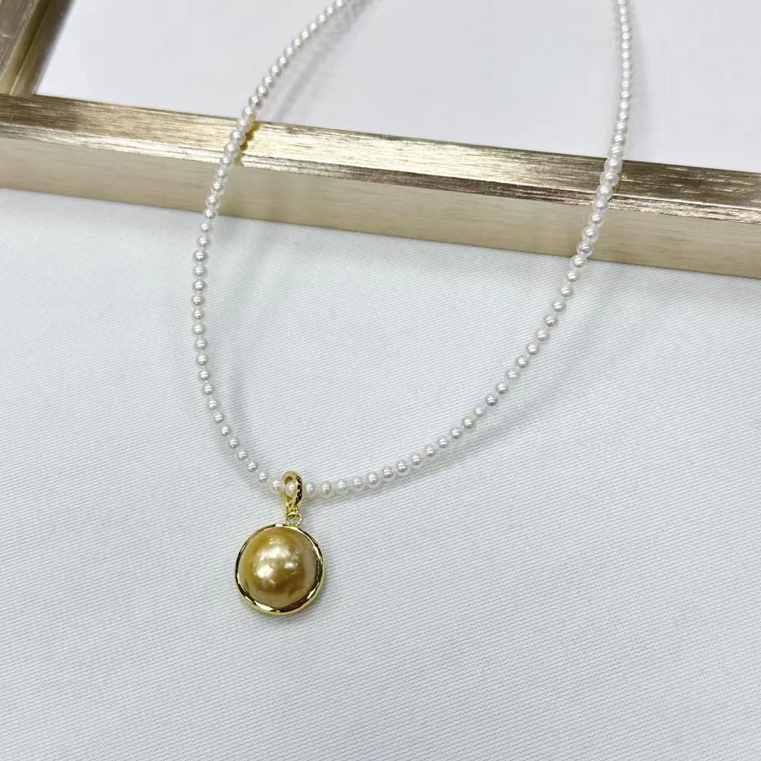 娜点珠宝 海水南洋金珠13-14mm万能扣吊坠 S925银 赠小米项链