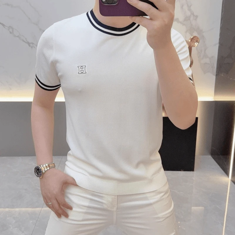 2025欧货高级感男士夏季针织冰丝短袖T恤条纹时尚百搭半袖上衣潮