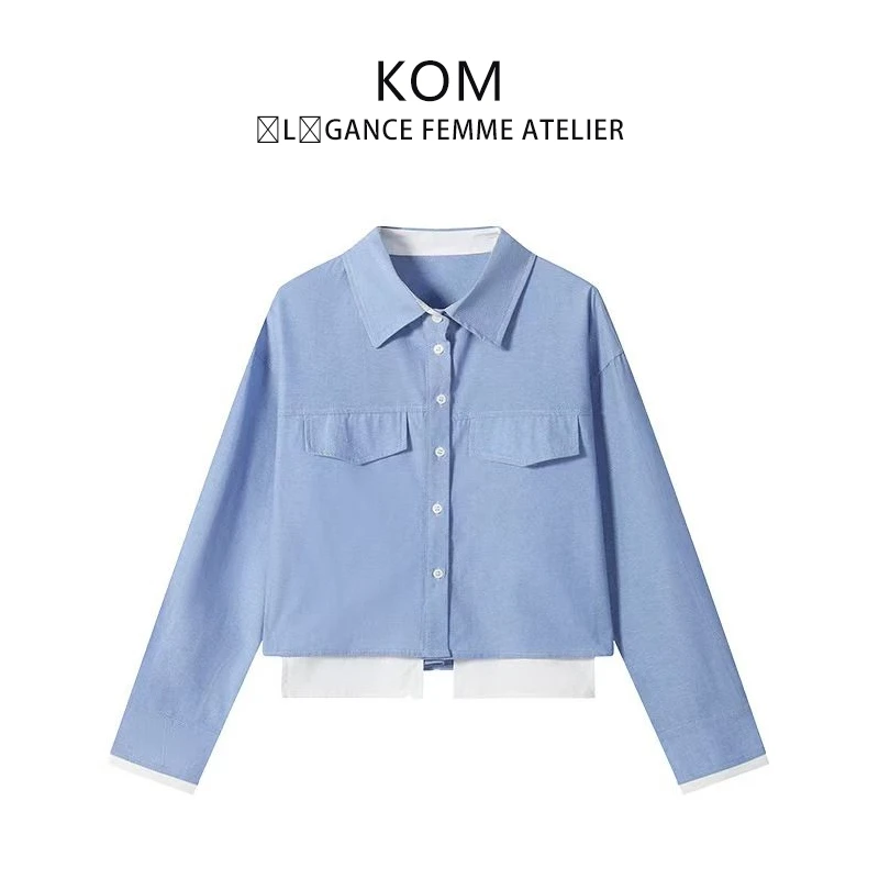 蓝色翻领假两件长袖衬衫女夏季短款薄款外套衬衣设计感正肩上衣