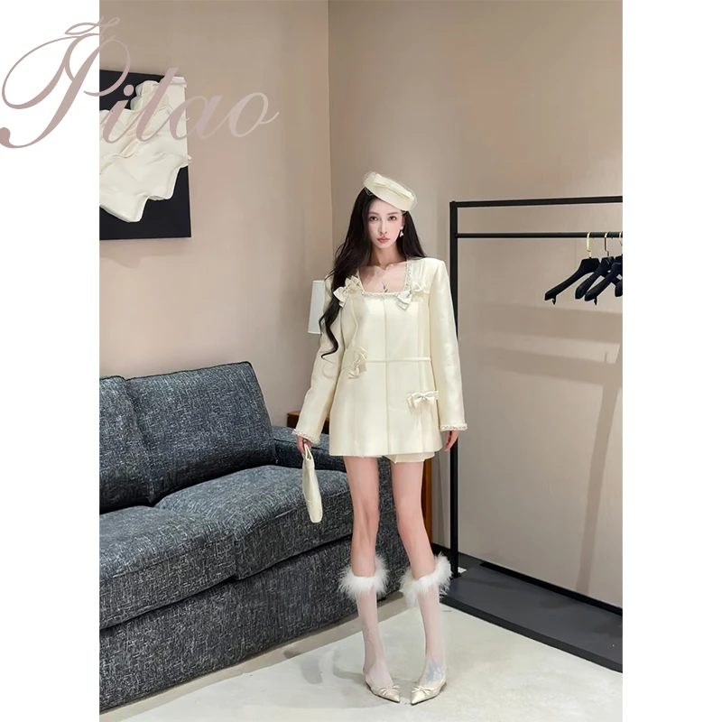 杜屁屁桃PITAO 原创【年终回馈】法式拼接蝴蝶结装饰连衣裙