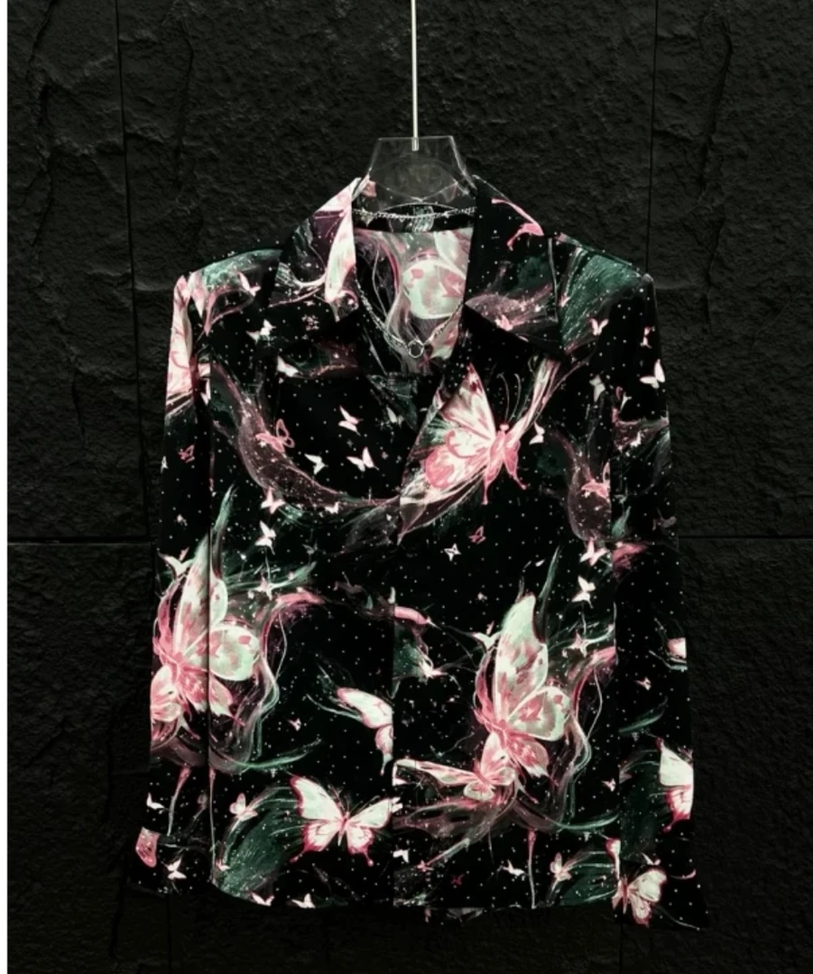 夏季男士高级感烫钻蝴蝶印花黑色宽松韩版衬衣长袖衬衫上衣休闲