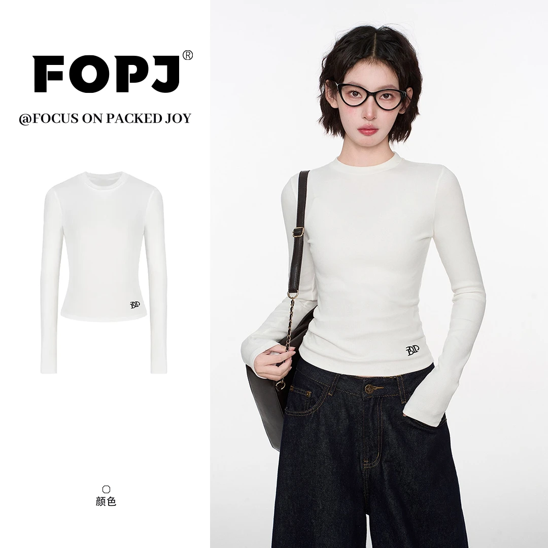 FOPJ早秋新款穿搭正肩圆领长袖打底衫女设计感修身显瘦纯欲风上衣