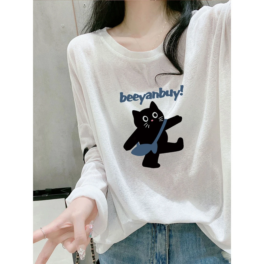 夏季新款正肩长袖T恤女宽松休闲微透空调罩衫简约百搭防晒薄上衣