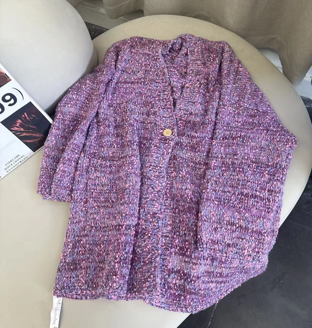 【100山羊绒】轻奢255546-慵懒风时尚拼色花式纱V领针织外套