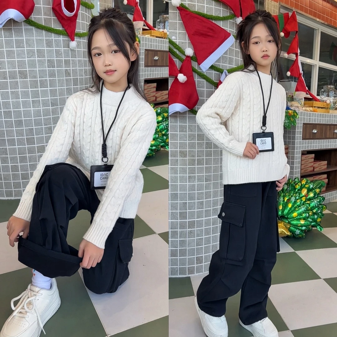 女童毛衣加绒工装裤套装儿童韩版休闲大童针织套头初中生12-15岁8