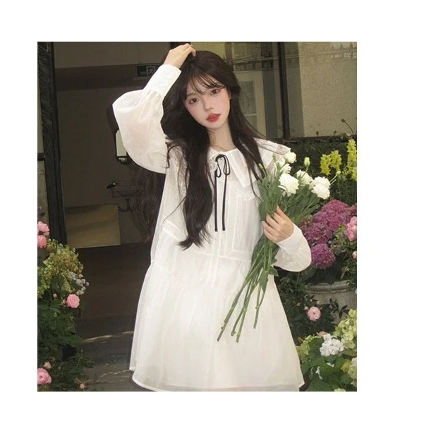 1139~连衣裙夏白色娃娃领蕾丝短裙女高级感小众蝴蝶结拼接长袖