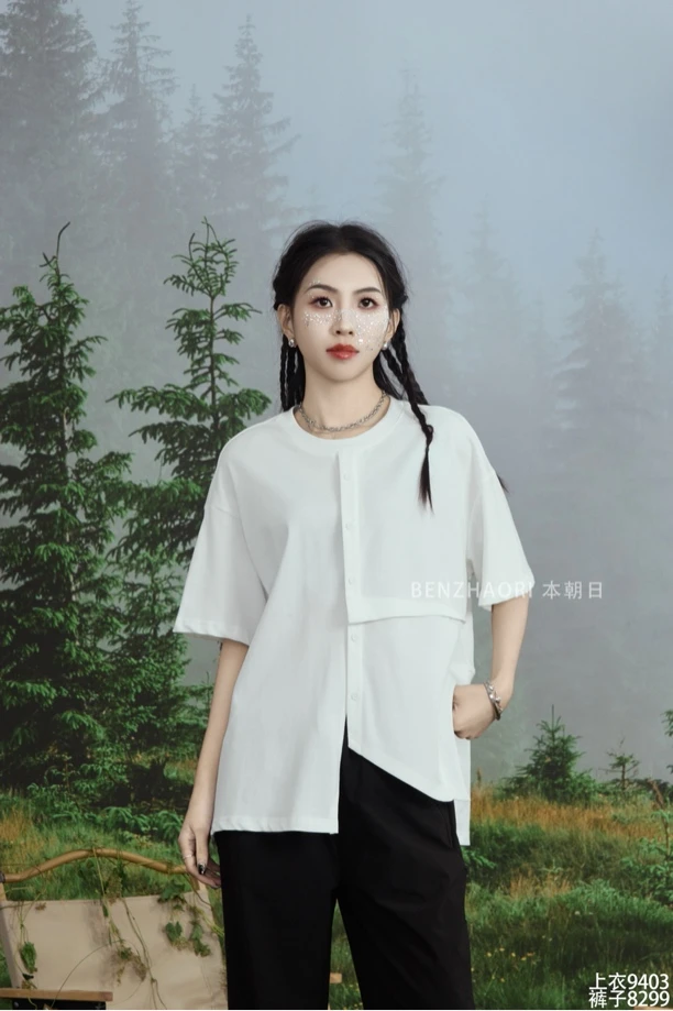 芬芬家#9403夏季福利重工拼接不规则短袖上衣，衣长：65cm