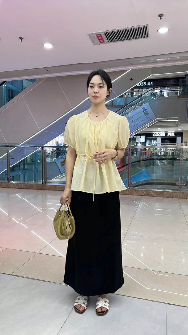 夏季甜美风短款收腰抽绳宽松短袖圆领衬衫女百搭小衫