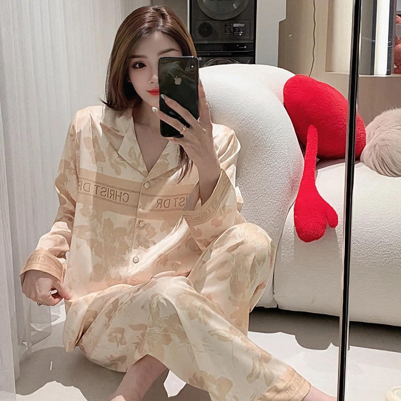 【金蝴蝶】睡衣女春夏2025年新款冰丝长袖长裤洋气奢华家居服两件套