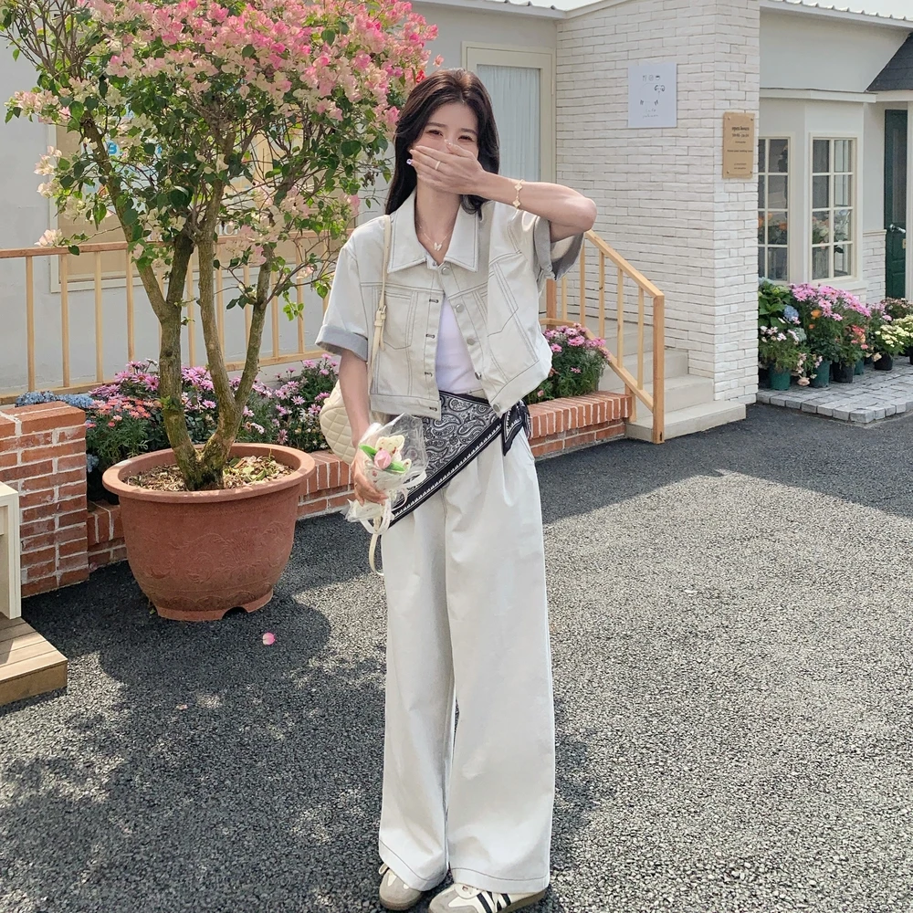 酷飒炸街时尚牛仔套装女夏2025新款复古工装短袖外套阔腿裤两件套