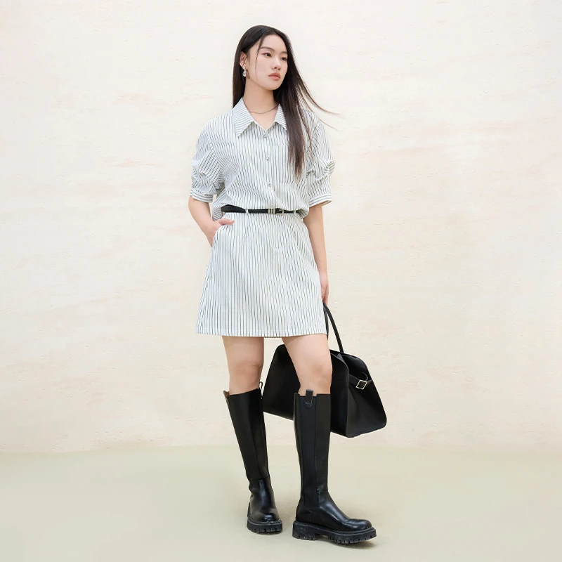 独束微胖大码女装法式假两件条纹衬衫收腰显瘦裙25闪81323
