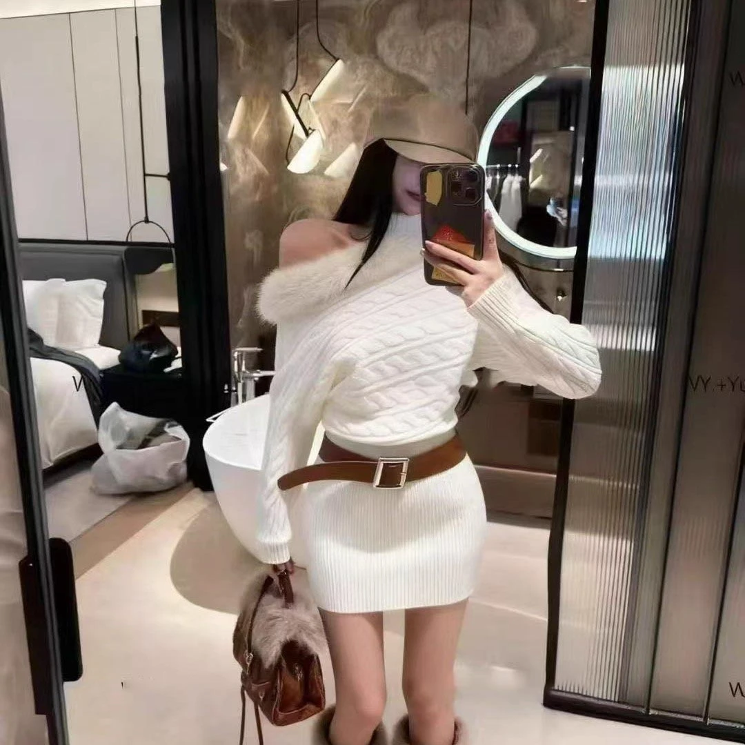 纯欲风性感气质麻花露肩长袖毛毛拼接连衣裙女秋冬收腰显瘦包臀裙