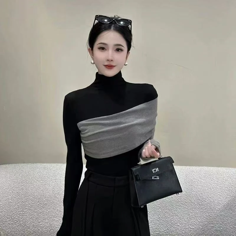 盛雅姿韩版设计感撞色拼接高领长袖加绒打底衫上衣（衣长52左右）51