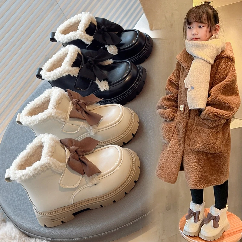 ABC冬季女童靴加绒蝴蝶结公主短靴儿童棉靴棉鞋时尚小女孩雪地靴