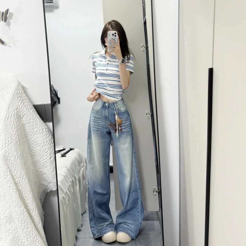 180高个子加长版复古水洗折痕牛仔裤女宽松垂感175超长阔腿拖地裤