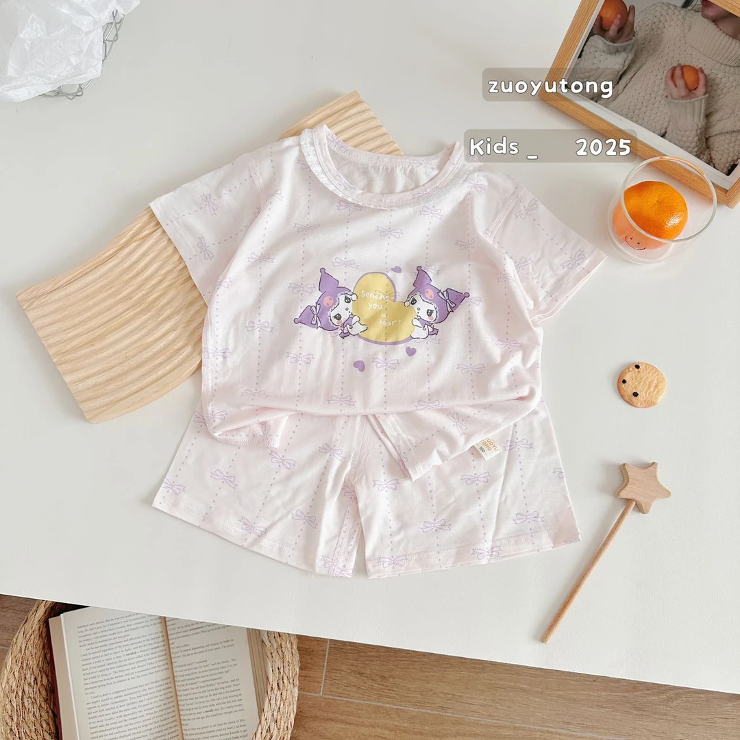 左羽童半袖薄款天丝满花短袖儿童夏季卡通女童家居套装清凉空调服