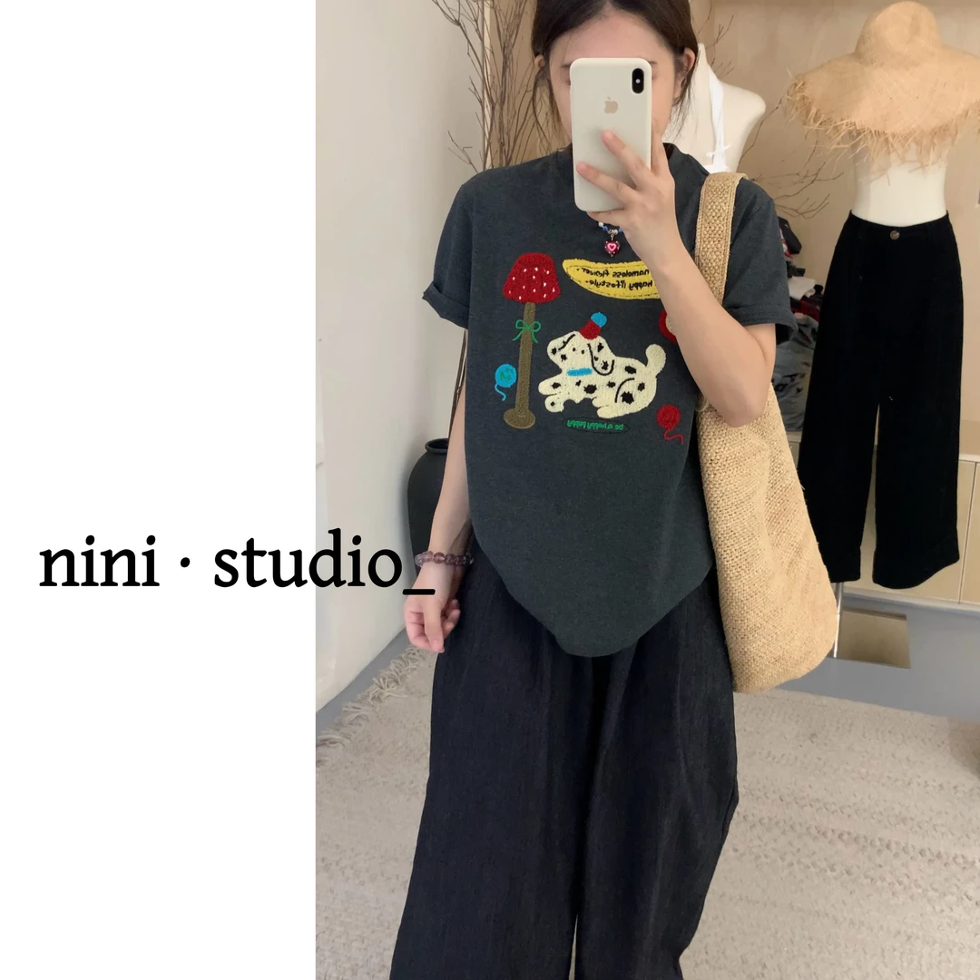 nini·台灯小狗重工刺绣韩系ins风短袖T恤