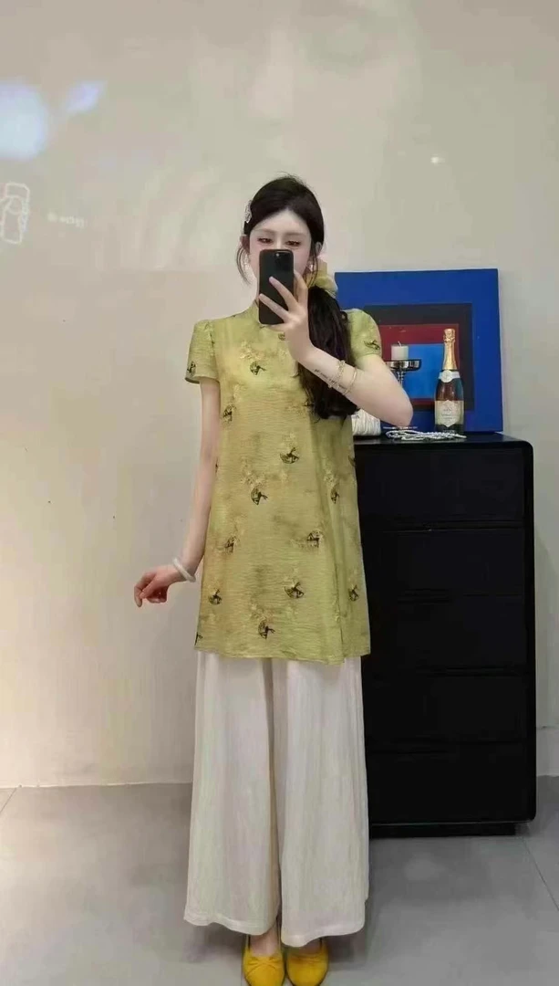 新中式国风夏季女款减龄印花盘扣上衣唐装复古阔腿裤套装