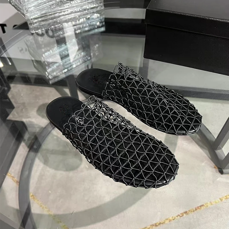 欧货真皮女鞋2025夏新款渔网凉拖鞋轻盈透气百搭平底镂空包头拖潮