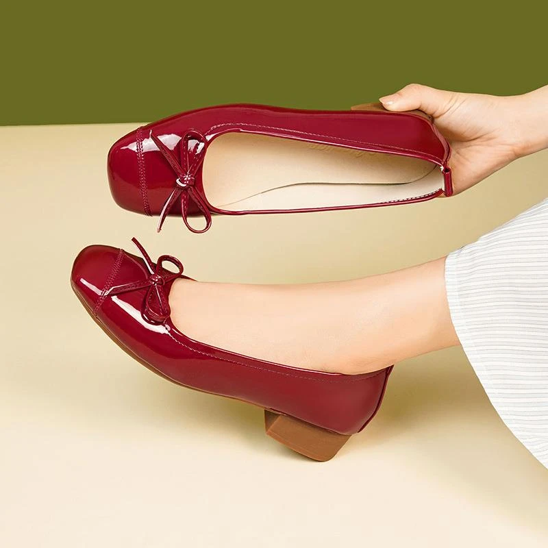 达芙妮旗下SHOEBOX/鞋柜牛皮女鞋夏季新款法式芭蕾鞋低跟气质红色