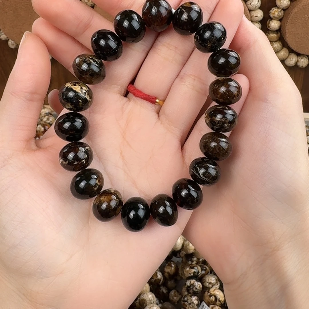 走***功琥珀未镶嵌手串抚顺琥珀 黑金干白花 13m