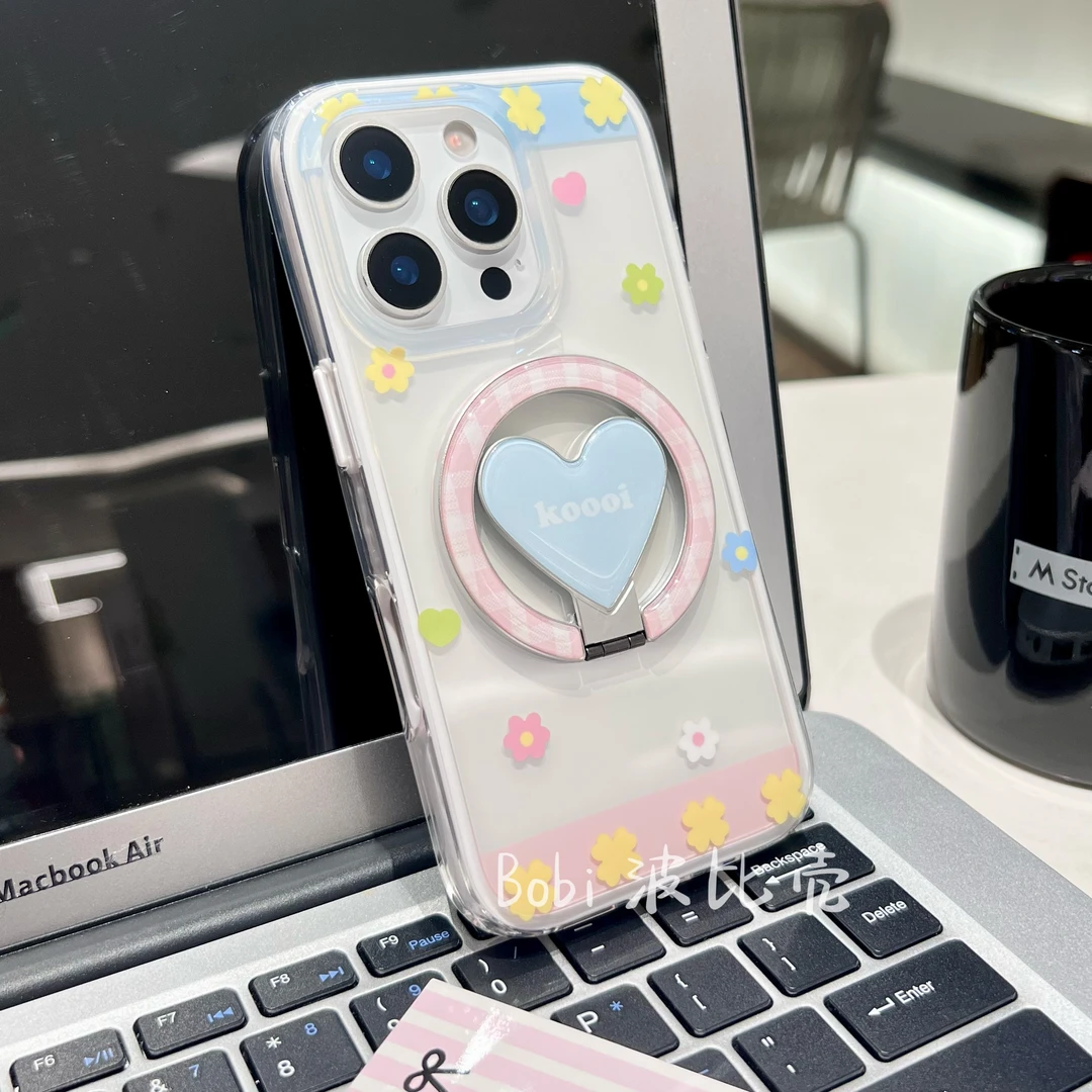 韩系格纹花朵二合一磁吸透明防摔适用于苹果手机壳iphone16pro/15