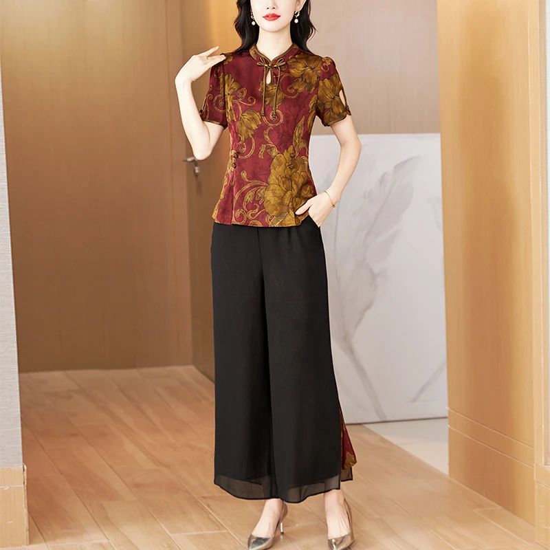 夏季新款中年喜婆婆妈妈装古风提花修身上衣阔腿裤气质两件套装