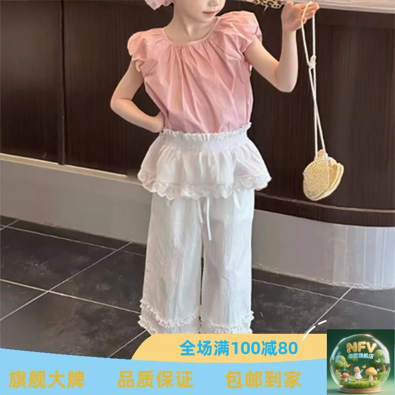 女童2025夏季新款套装可爱风小飞袖上衣花边拼接休闲裤夏装两件套