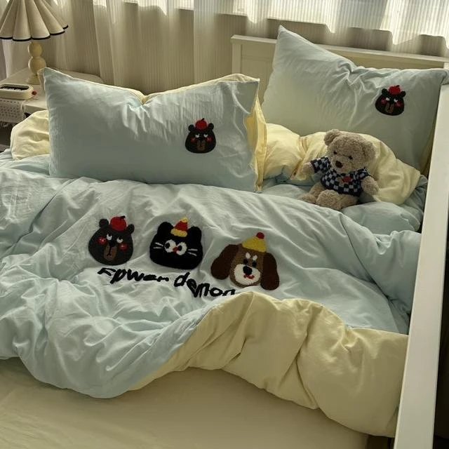 ins韩系奶油少女卡通猫咪毛巾绣水洗棉四件套床单学生三件套床笠