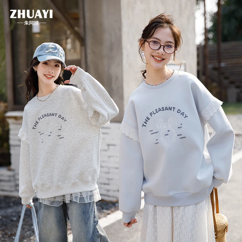 朱阿姨女童卫衣春季新款蕾丝蝴蝶结卫衣休闲外穿宽松套头圆领上衣