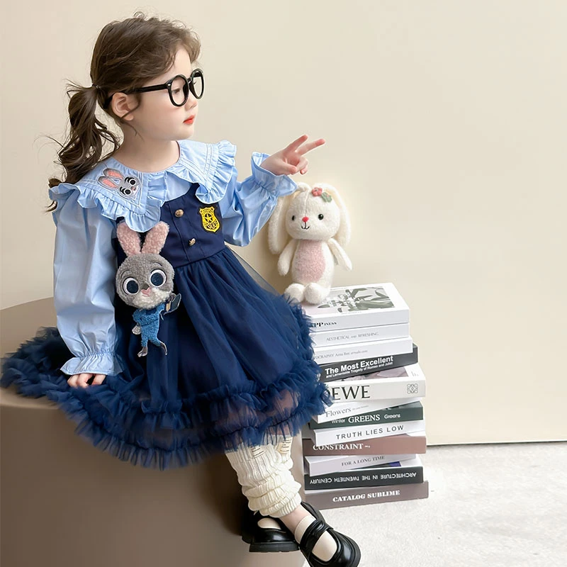 女小童春秋兔子警官网纱裙2025新款小女孩甜美洋气卡通公主连衣裙
