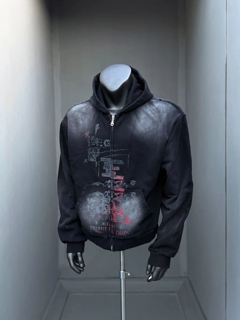 91studio 美式高街开衫拉链卫衣男春秋重磅连帽做旧短款欧美外套