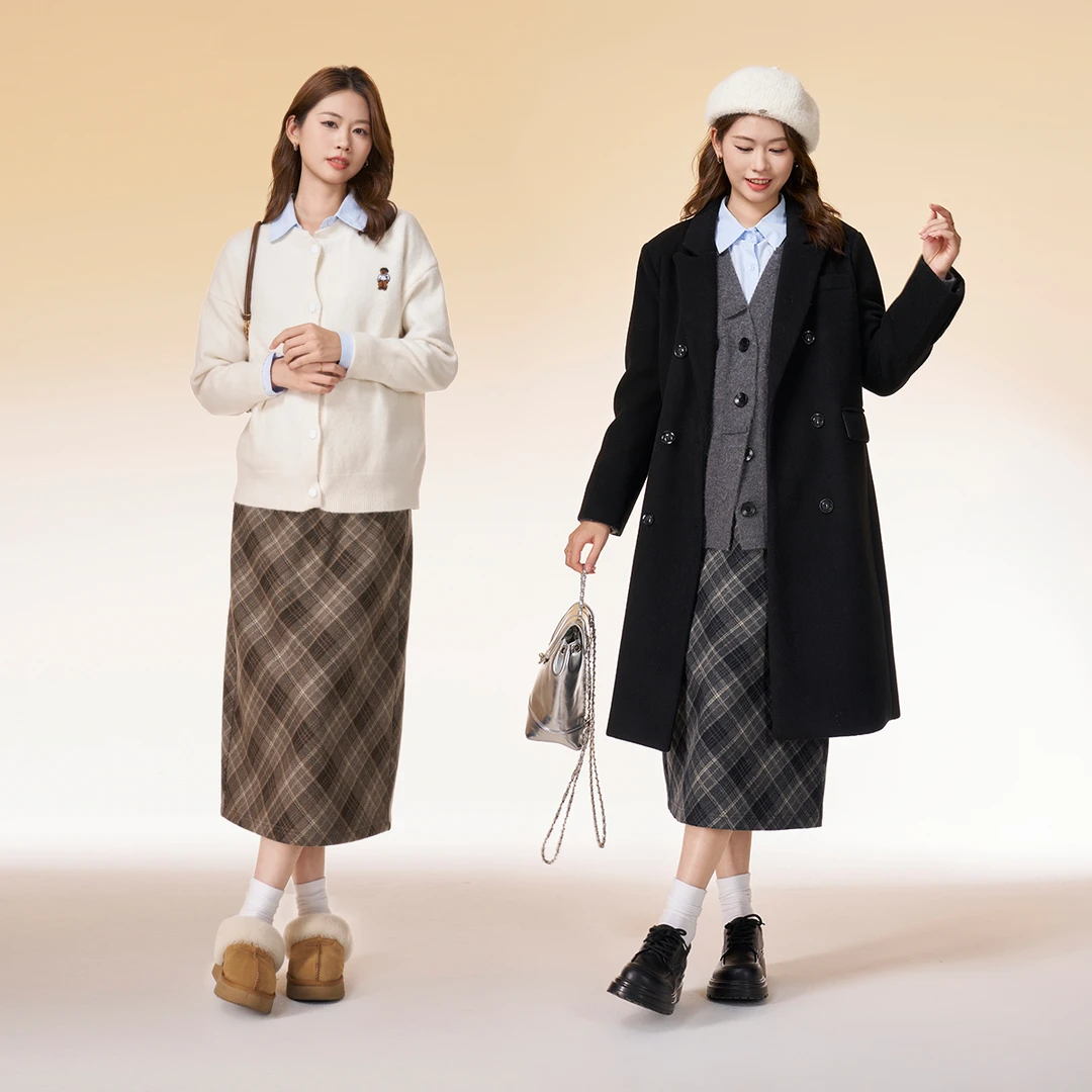 孕妇半身裙秋冬季加绒加厚无托腹高腰格子包臀开叉直筒裙长款冬装