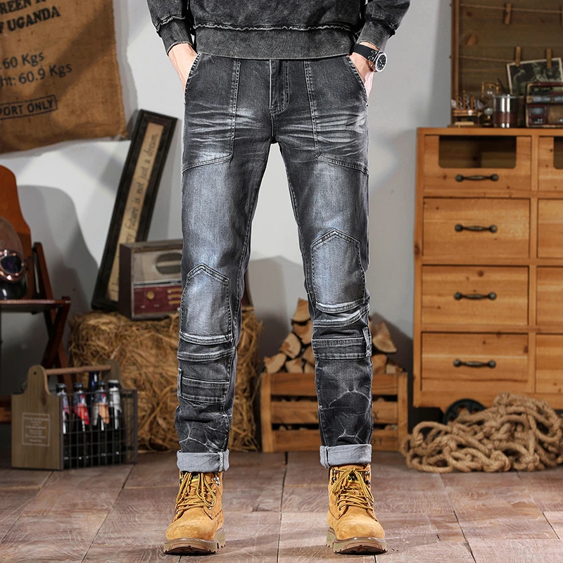 JJ秋季高品质弹力牛仔裤潮牌时尚拼接潮流百搭多口袋复古男直筒裤