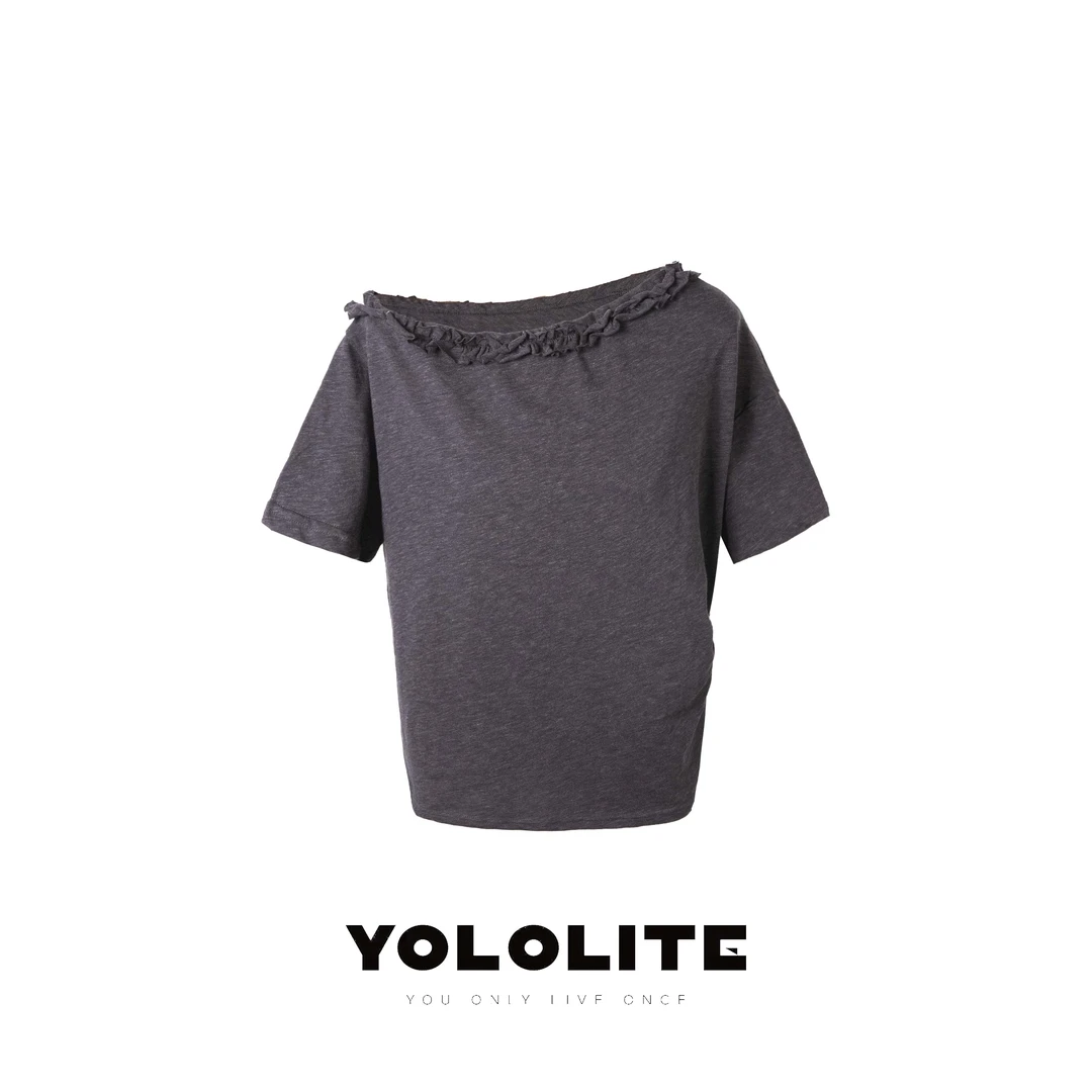 YOLOLITE【蓝海】3021夏季新款纯色简约显瘦一字肩木耳边短袖T恤