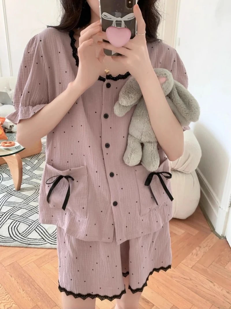 韩版睡衣女款夏季2025新款蕾丝波点短袖短裤甜美公主风家居服套装
