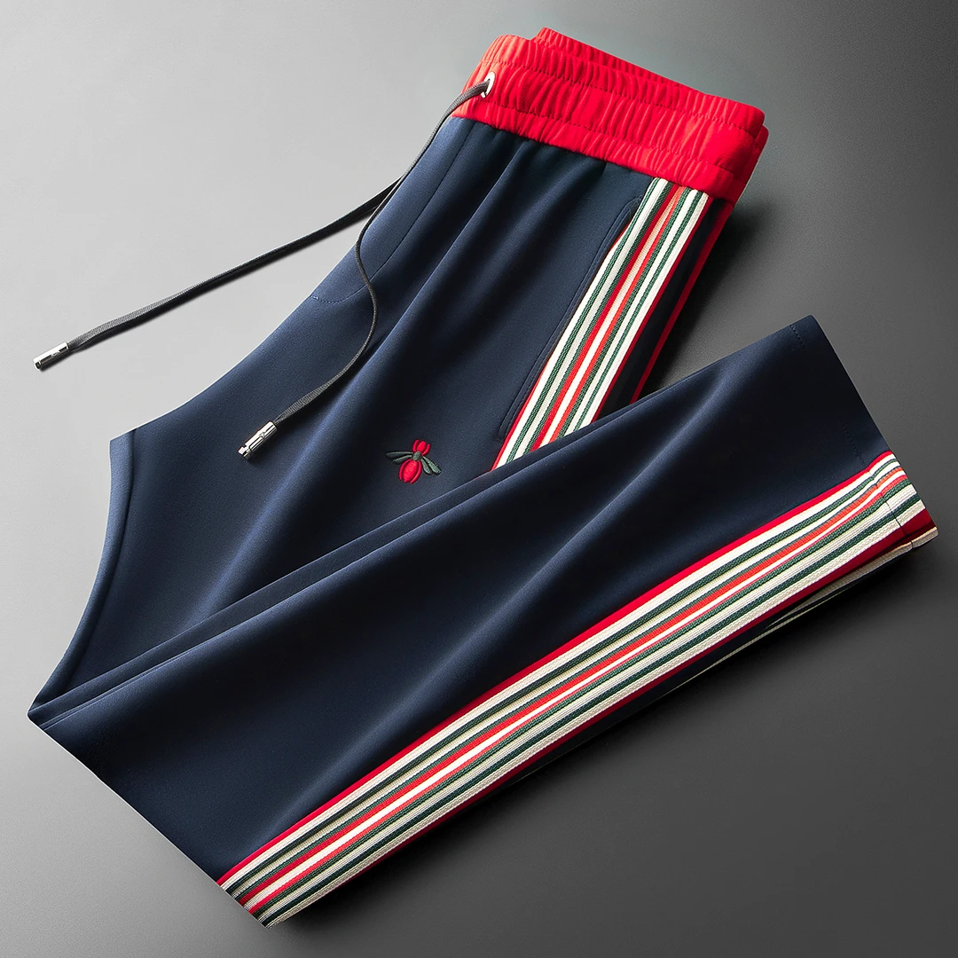 秋季长裤潮流撞色裤子拼接运动裤空气层棉男士修身直筒卫裤休闲裤