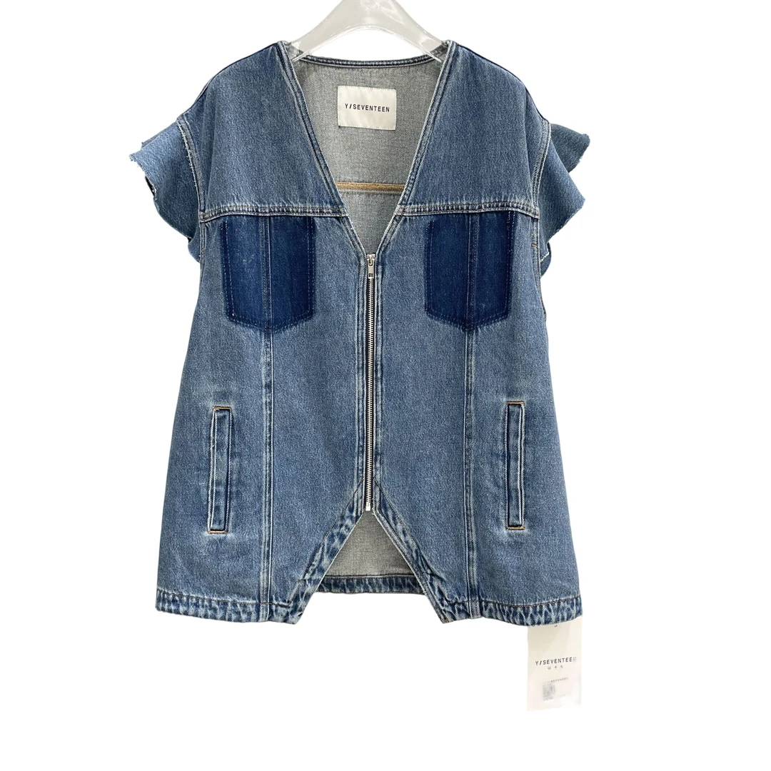 【SFF严选】以十七25夏款V领复古风牛仔花朵袖马甲时尚洋气0642