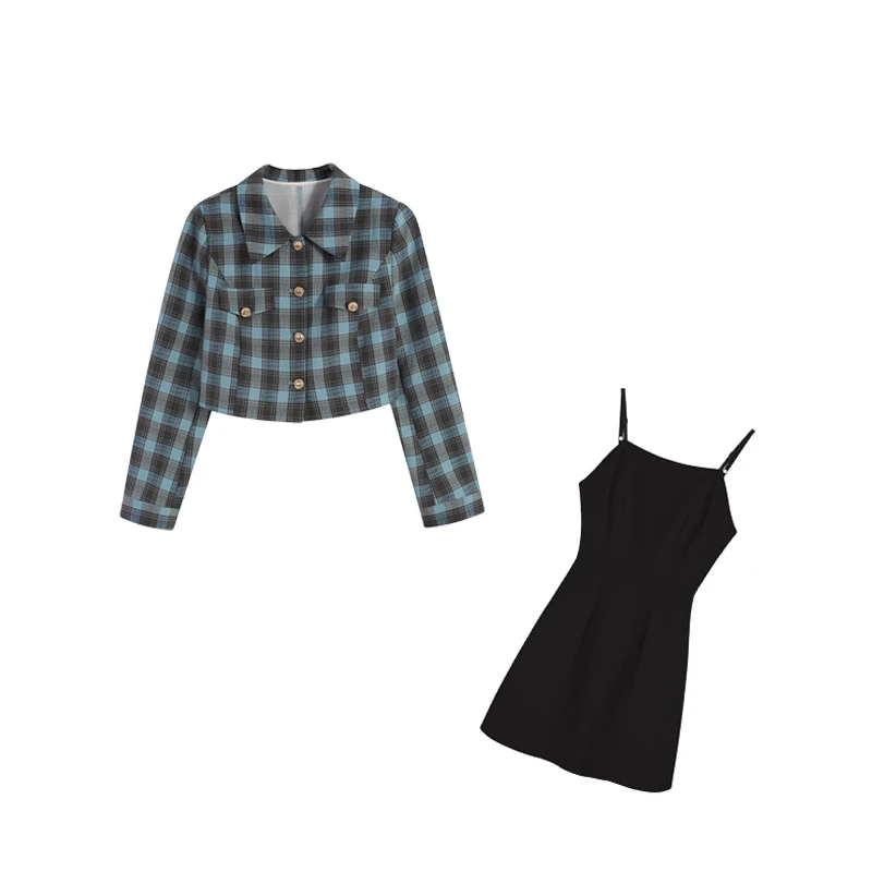 蓝格上衣搭配黑色长/短吊带裙两件套ZL110608+ZL103064套装裙子
