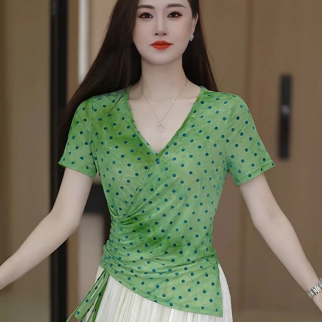 法式网纱波点短袖T恤2025夏季新款褶皱V领收腰修身显瘦小衫女上衣