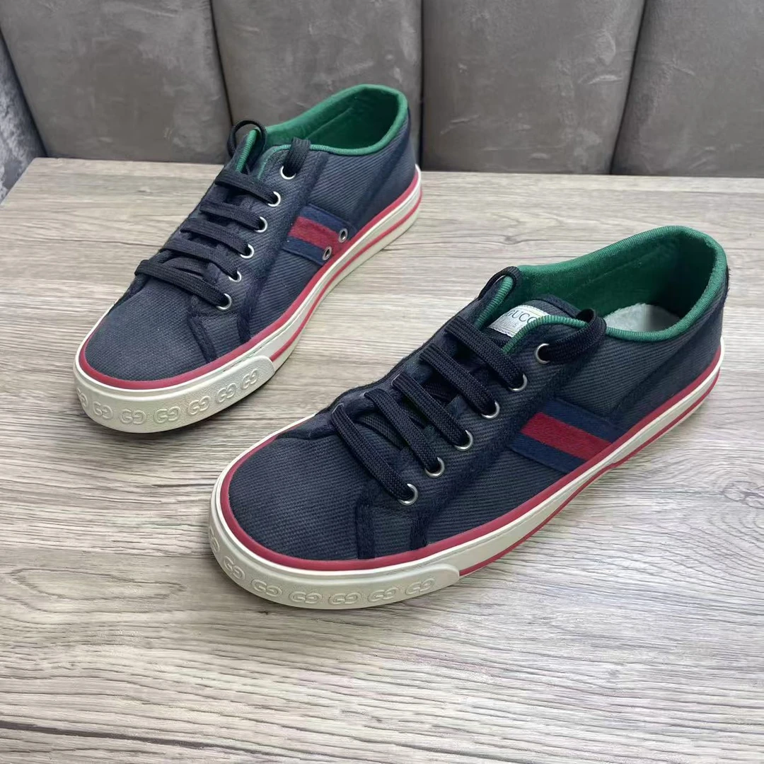 95新 GUCCI/古驰 黑灰色帆布织带1977时尚百搭板鞋/42.5码/福利款