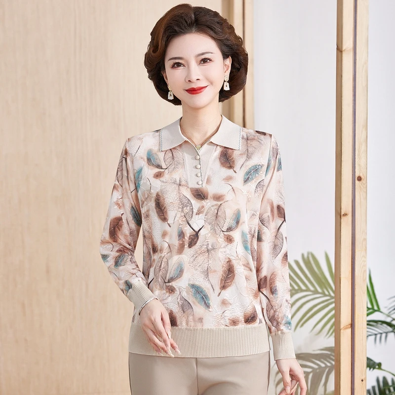 2025春装新款洋气长袖恤妈妈翻领薄打底衫中老年女50岁大码上衣服