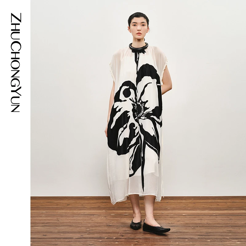 【冬姐精选】ZHUCHONGYUN2024夏新款墨点花卉长款连衣裙C1EG21546